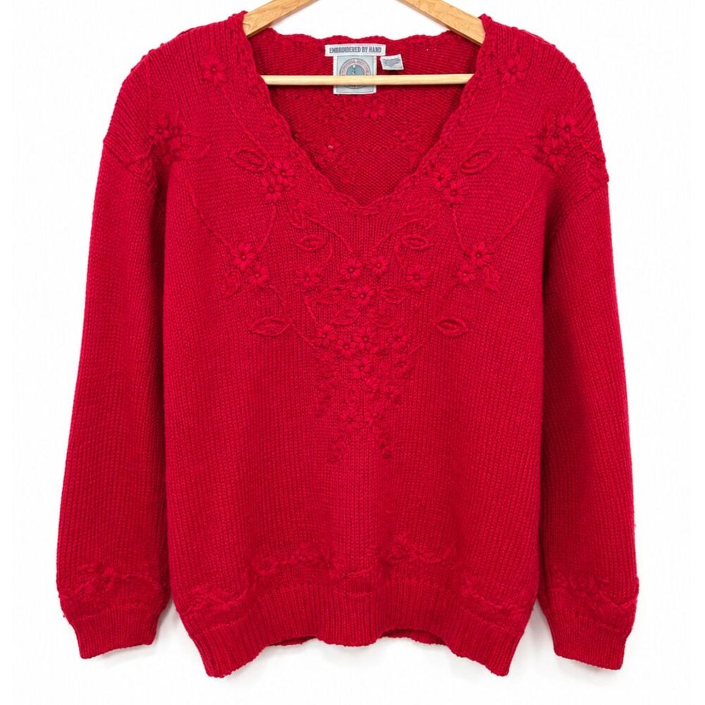 Vintage Cape Isle Knitters Hand-Embroidered Ramie Cotton Floral Knit Sweater M